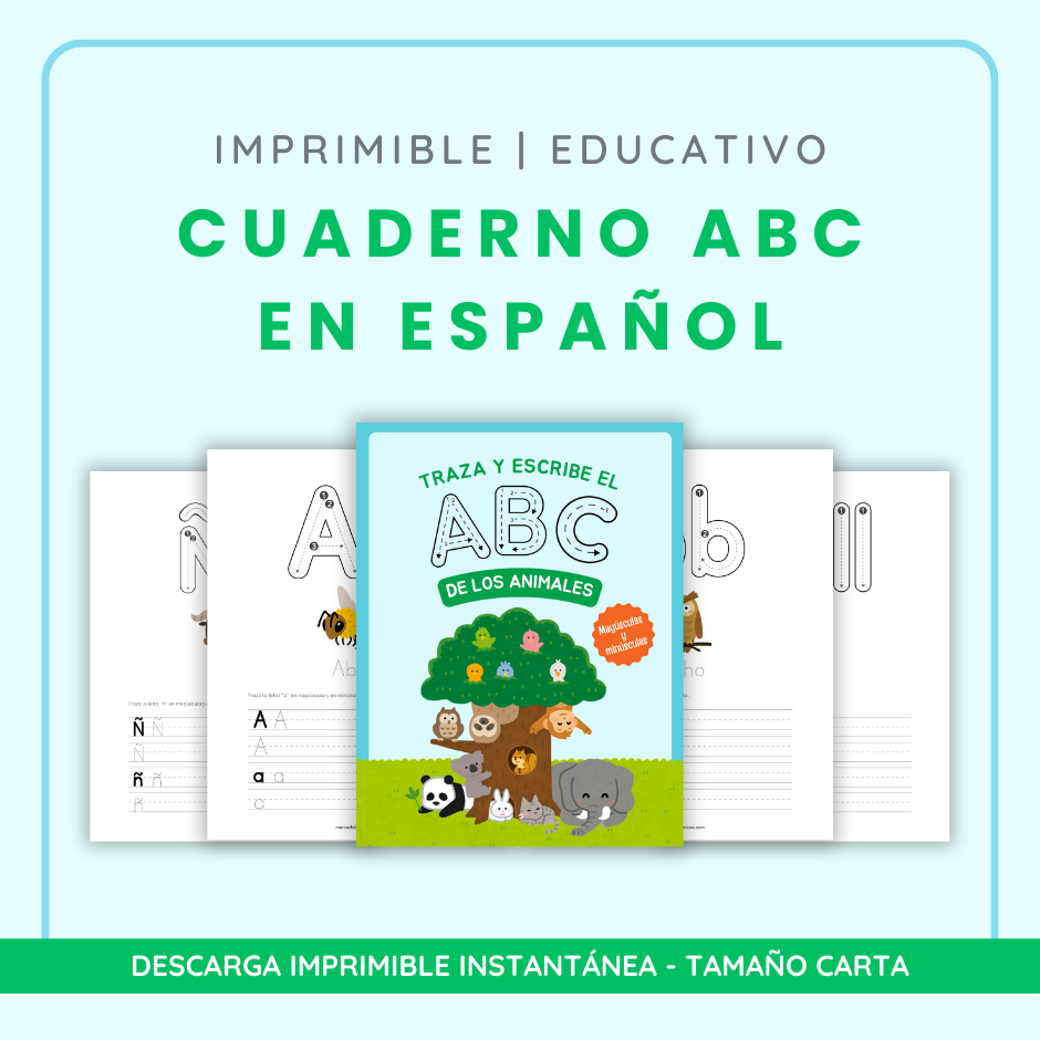 Imprimible Abecedario de Animales en Español para niños - Traza y colorea