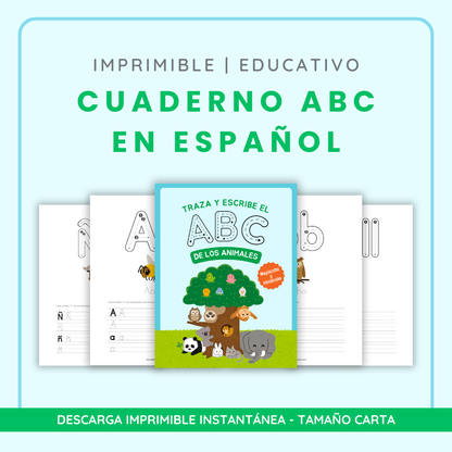 Imprimible Abecedario de Animales en Español para niños - Traza y colorea