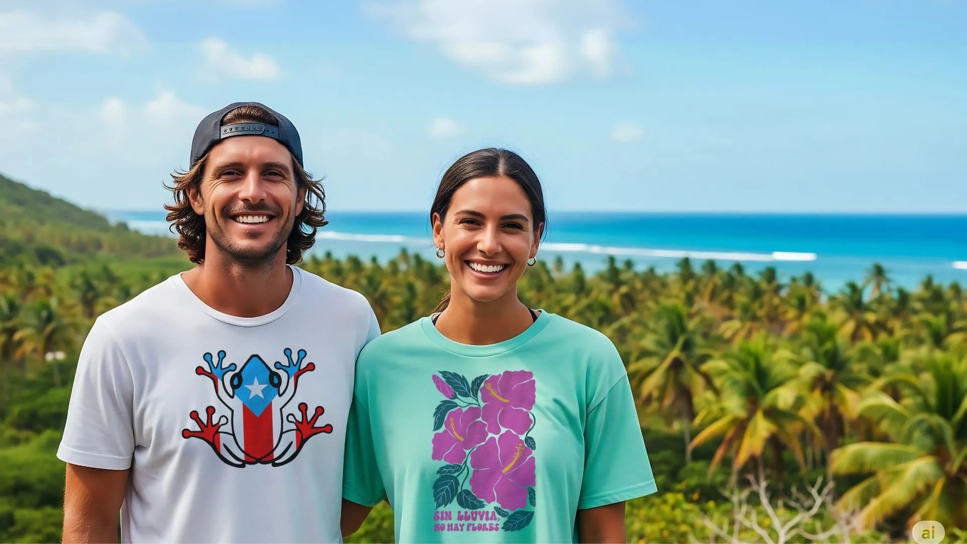 Hombre y mujer con camisetas de patria boriken posando felizmente frente a un paisaje de Puerto Rico