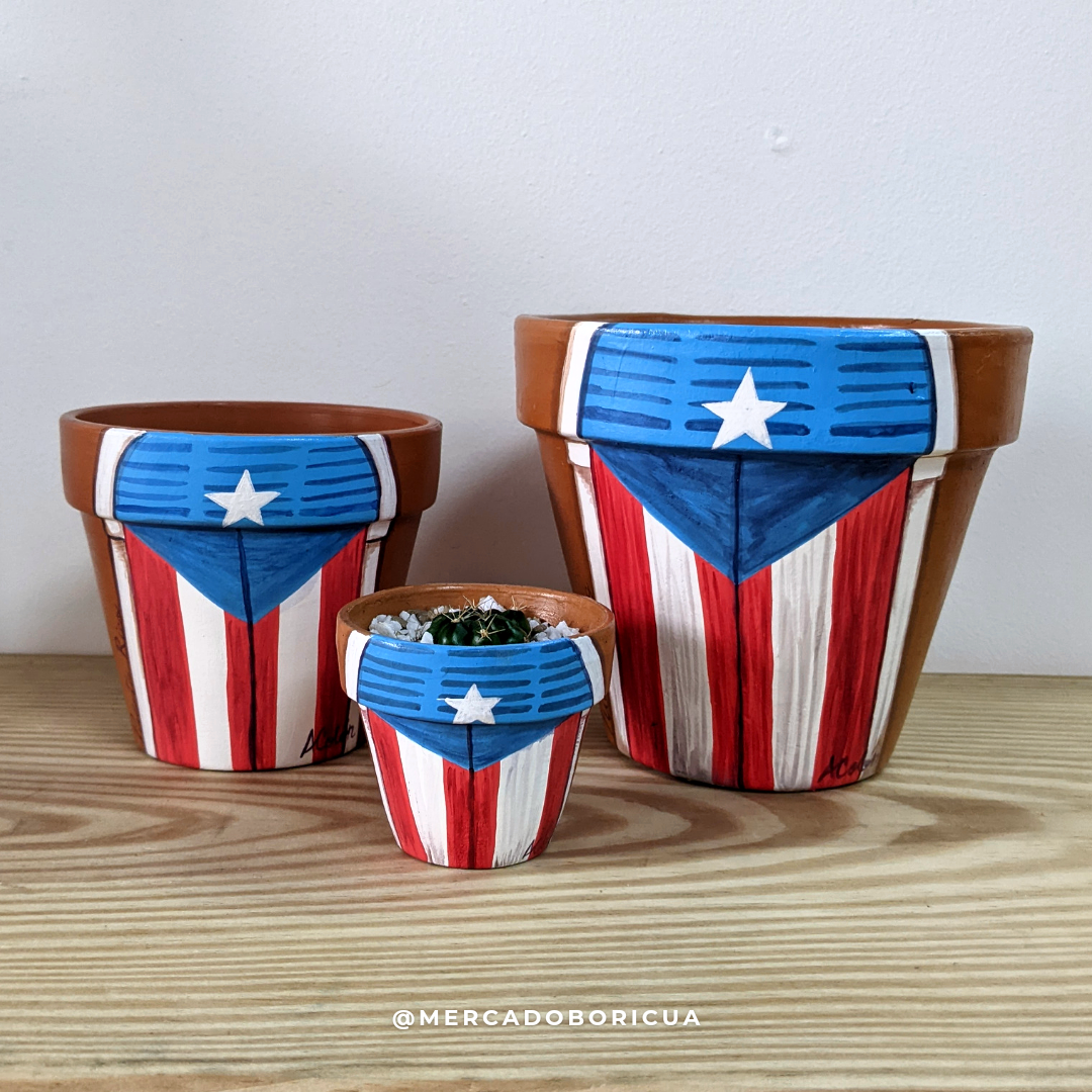 Terracotta pots hand painted with the flag of Puerto Rico