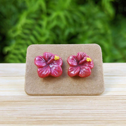 Hibiscus Flower Stud Earrings - Coral