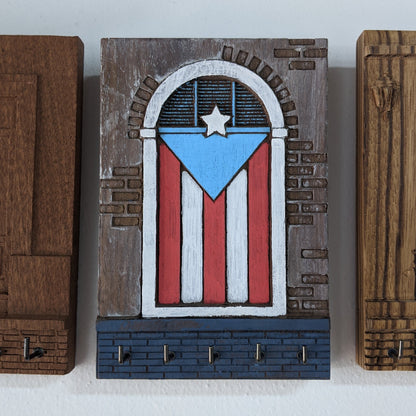 Old San Juan Door Carved Wood Key Holder | Puerto Rico Flag |