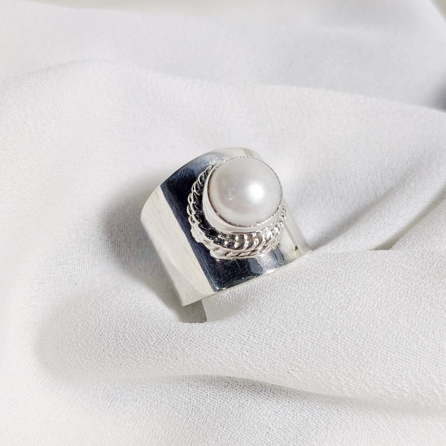 Wide Band Pearl Ring | Pearl | Purple Snap Jewelers