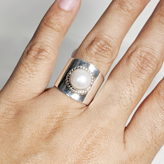 Wide Band Pearl Ring | Pearl | Purple Snap Jewelers