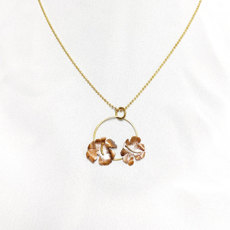 handmade necklace with maga flowers - puerto rico national flowers - artisanal necklace made with brass and copper